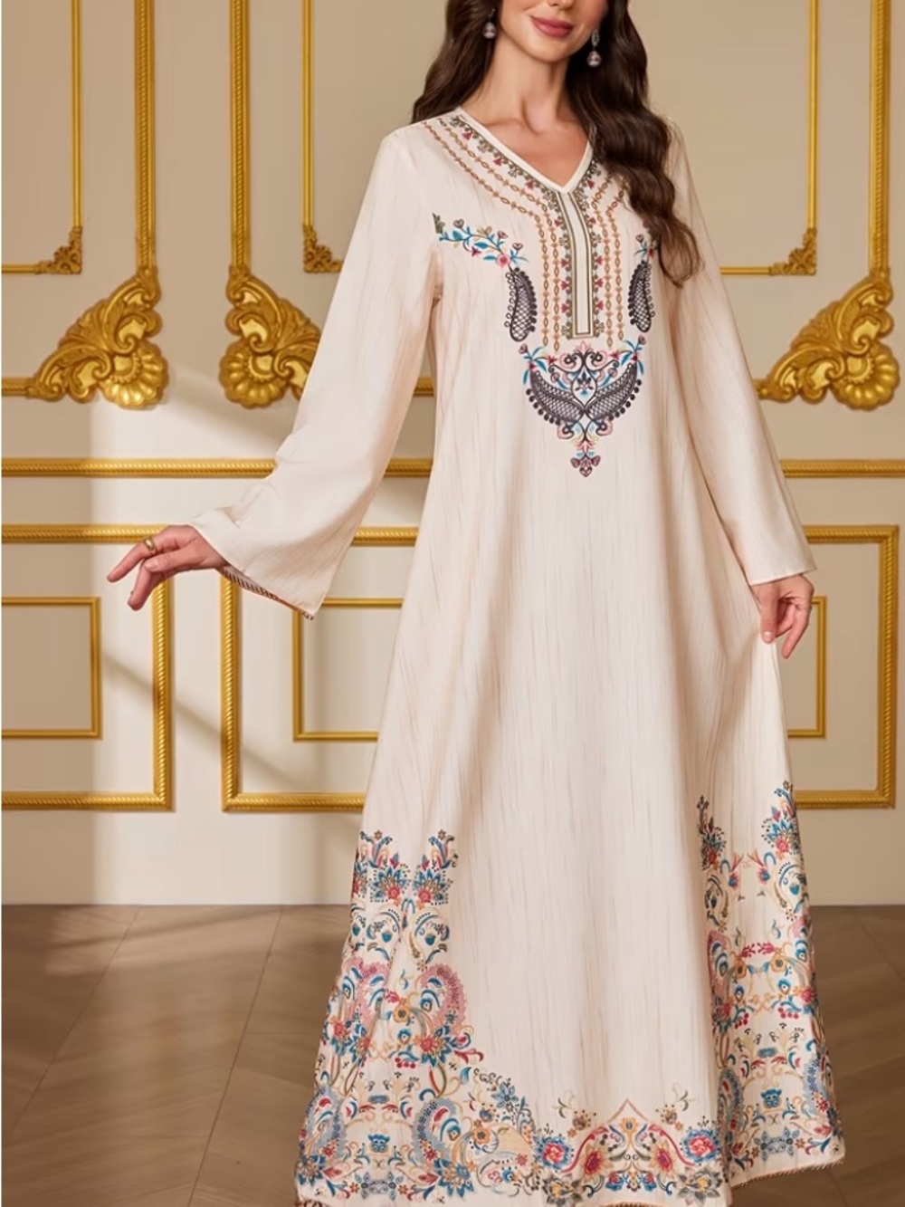 Embroidered Ivory Maxi Dress with Floral Border